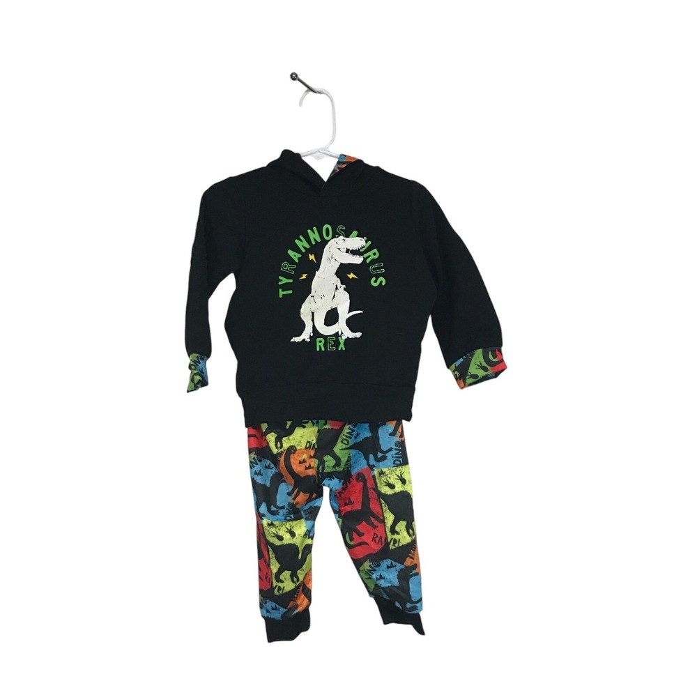 2pc Tyrannosaurus Rex Colorful Dinosaurs Black Hoodie Matching Pants 12-18 Month